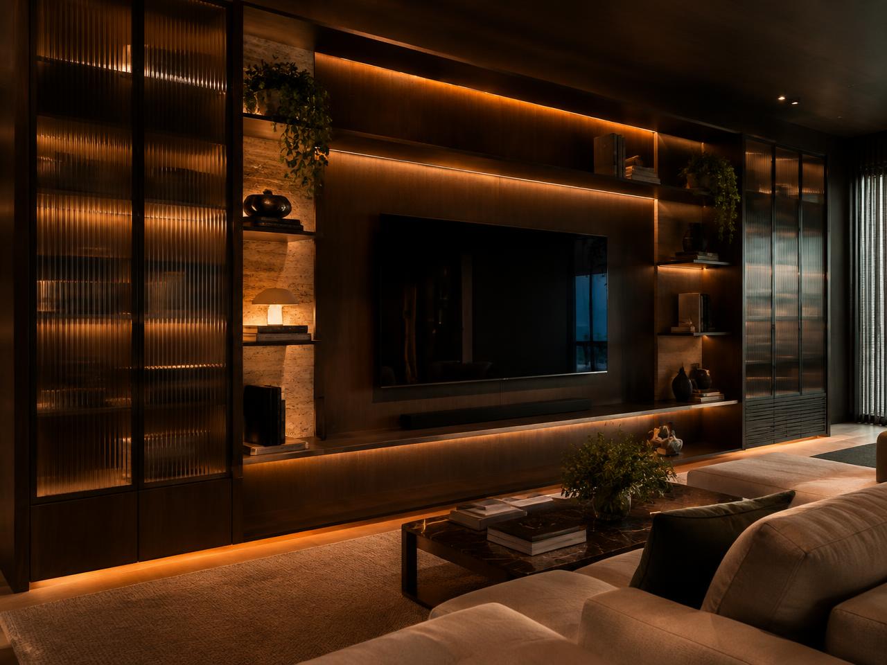 Living com estantes e home theater integrados em nogueira defumada