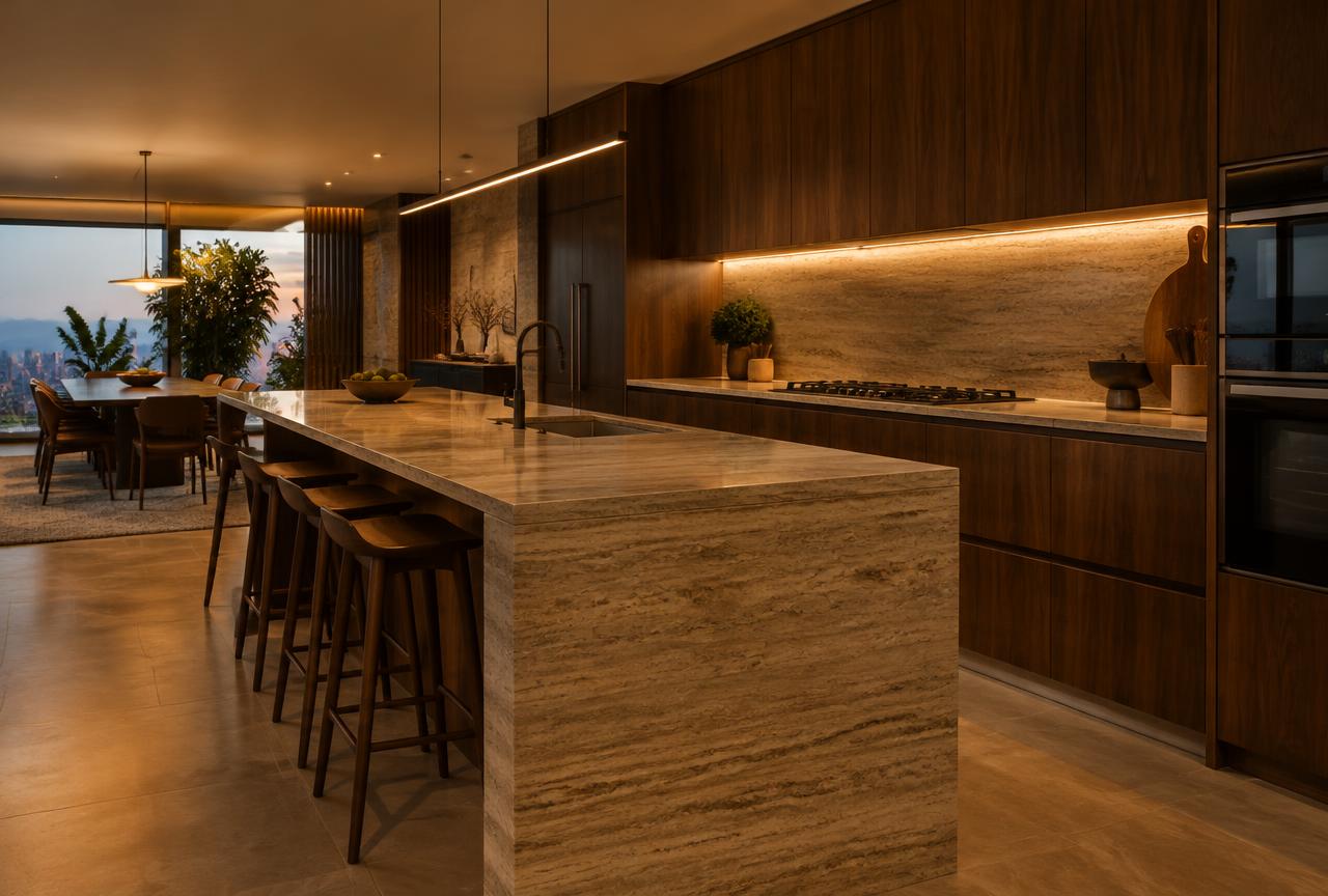 Cozinha integrada ao living com ilha de travertino